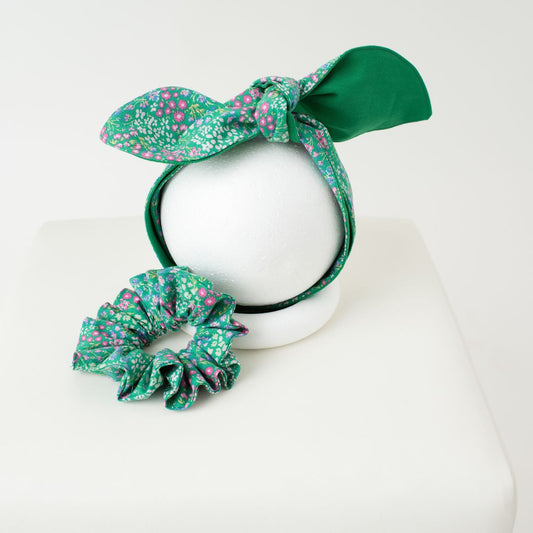 Green and pink floral wide self tie headband & elastic scrunchie