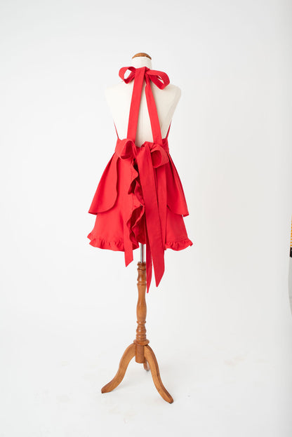 Vintage frilly hostess apron in red by Pretty Made - back bow
