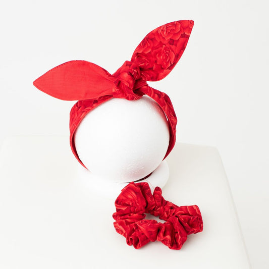 Red roses wide self tie headband & elastic scrunchie