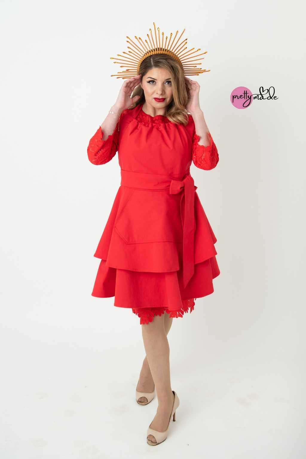 Red Jessica apron for women with layered skirt and waist tie, Pretty Made Melbourne Australia