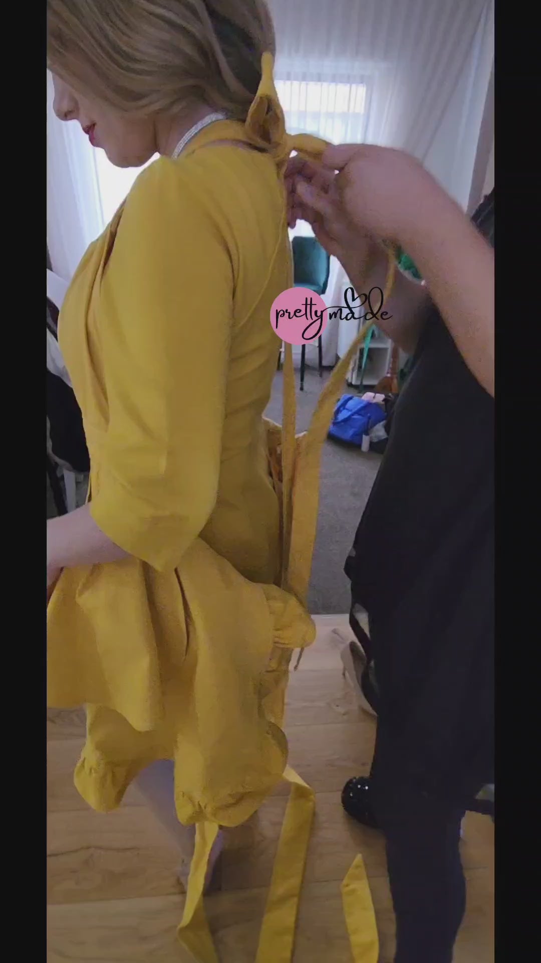Load video: Elegant Yellow Apron for women by Pretty Made Australia